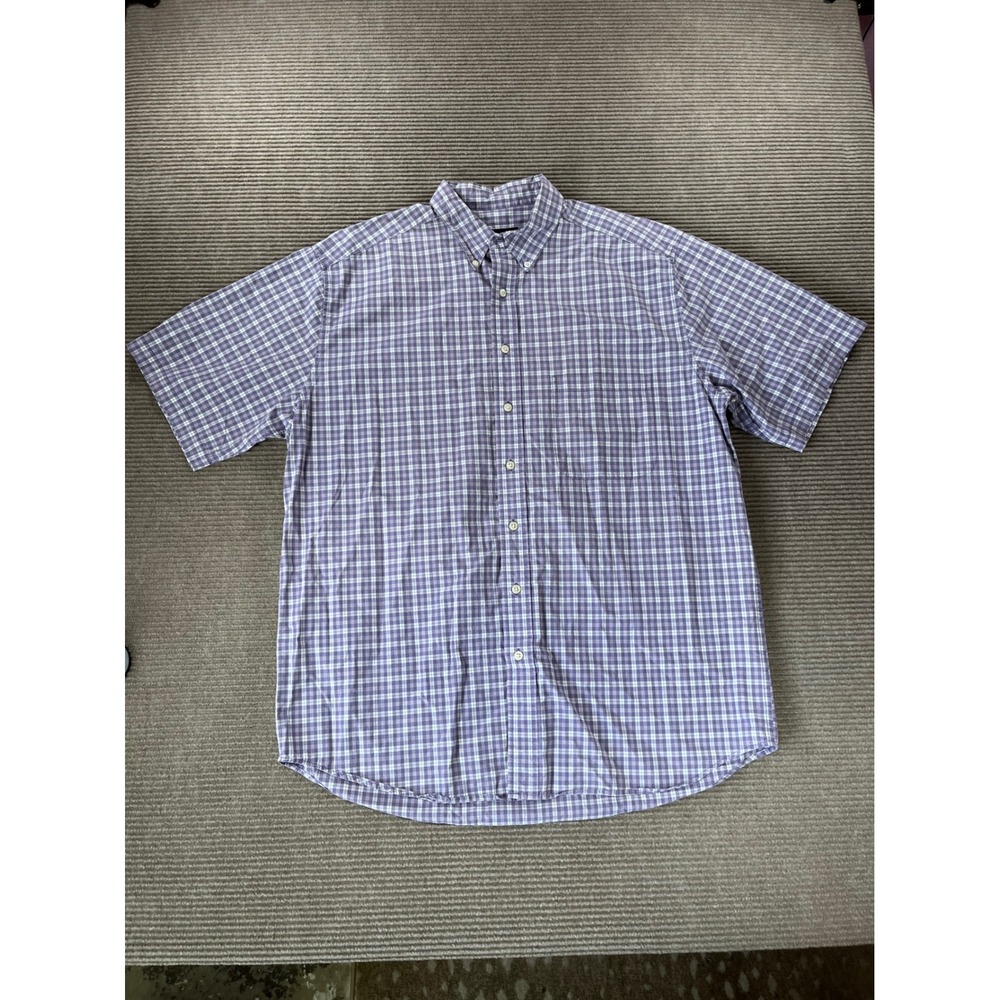 Eddie Bauer Mens Large Tall Purple Plaid Short Sleeve Button Down Cotton Shirt